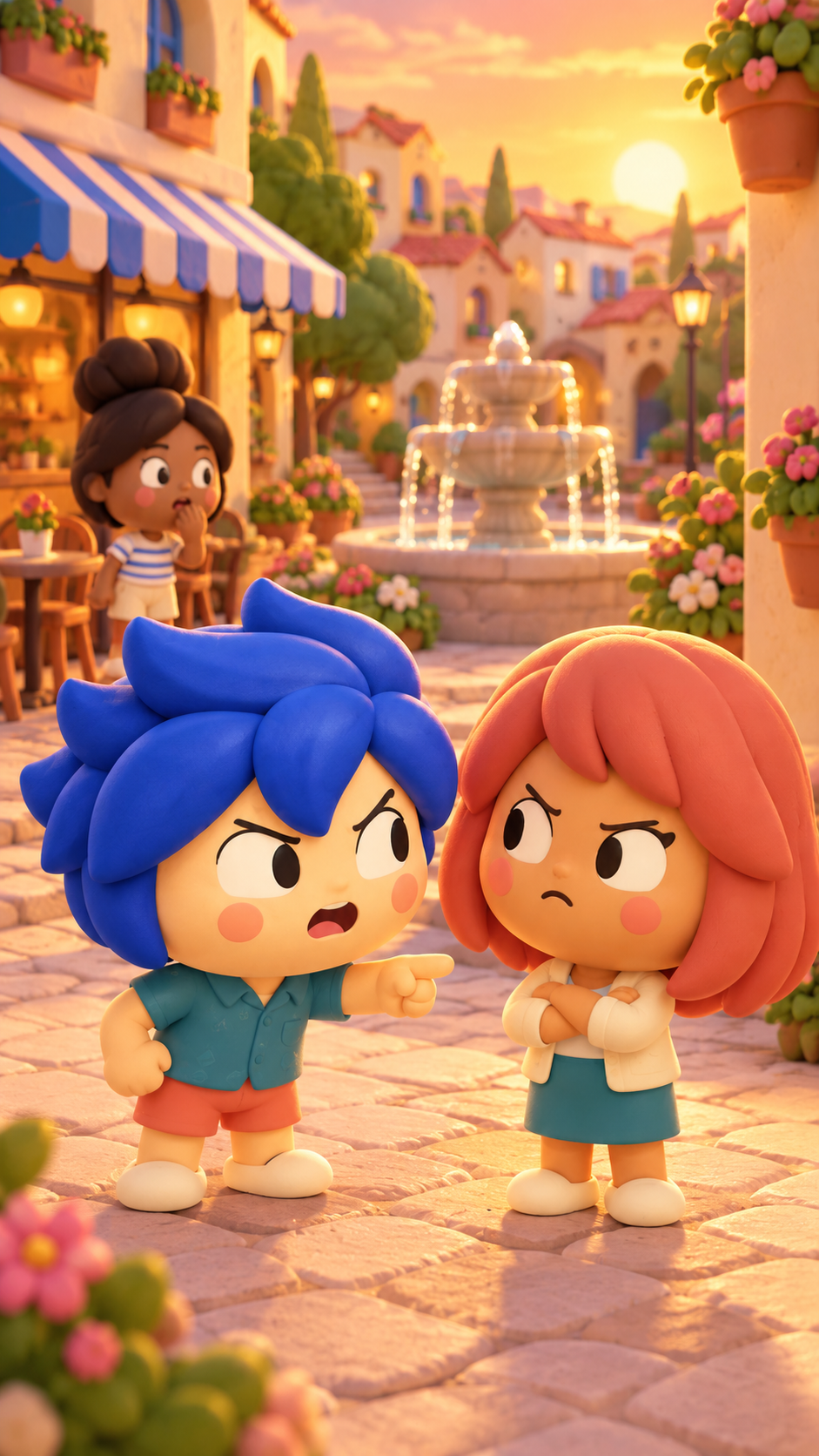 Residents arguing in the town plaza at golden hour